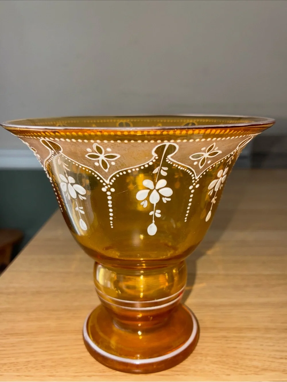 Amber Glass Pedestal Vase with White Hand-Painted Floral Design